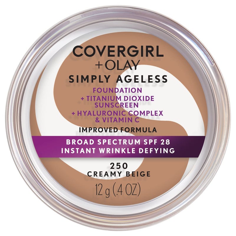COVERGIRL Simply Ageless Instant Wrinkle Defying Foundation, SPF 28, Hyaluronic Complex & Vitamin C - 250 Creamy Beige, Pack of 1 - Image 1