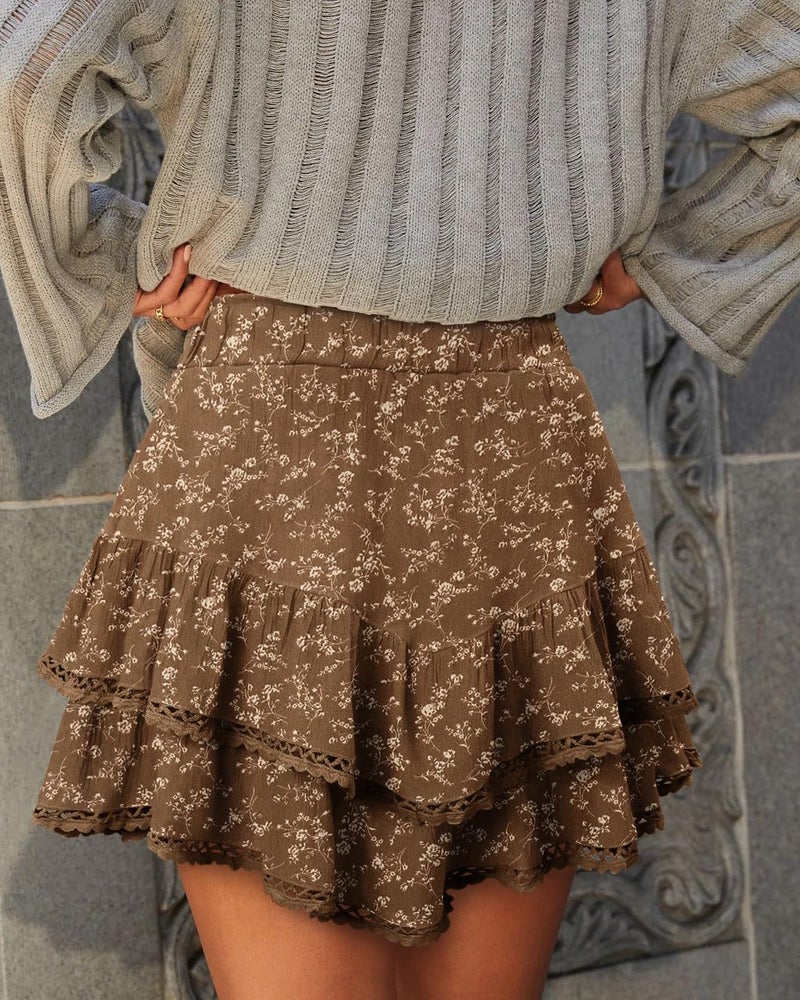 onlypuff Flowy Shorts for Women Ruffle Skorts Cute Mini Skirts Country Concert Outfits Coastal Cowgirl Coachella Outfits Tennis Skort Coffee Flower L - Image 3