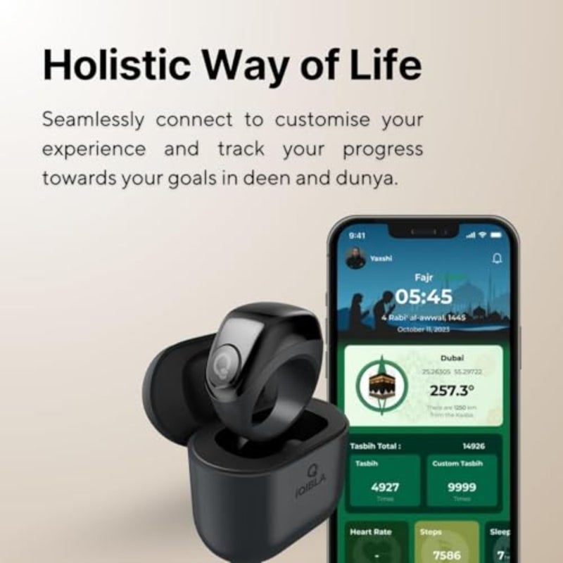 Smart Zikr Ring for prayer reminder, stainless steel, black, OLED display and IP67 waterproof with charging case - Image 5