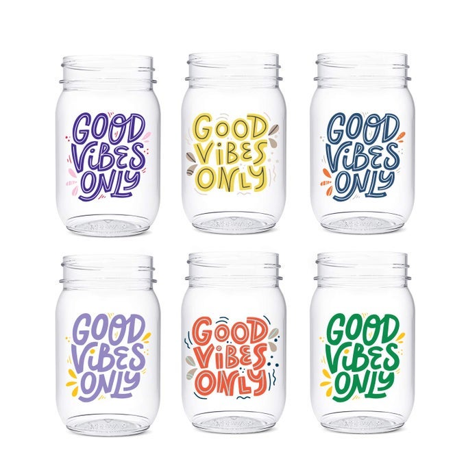 POP 16oz Mason Good Vibes Only Series SET OF 6 Recyclable Premium Quality Unbreakable Crystal Clear Plastic Printed Mason Jars good vibes vino