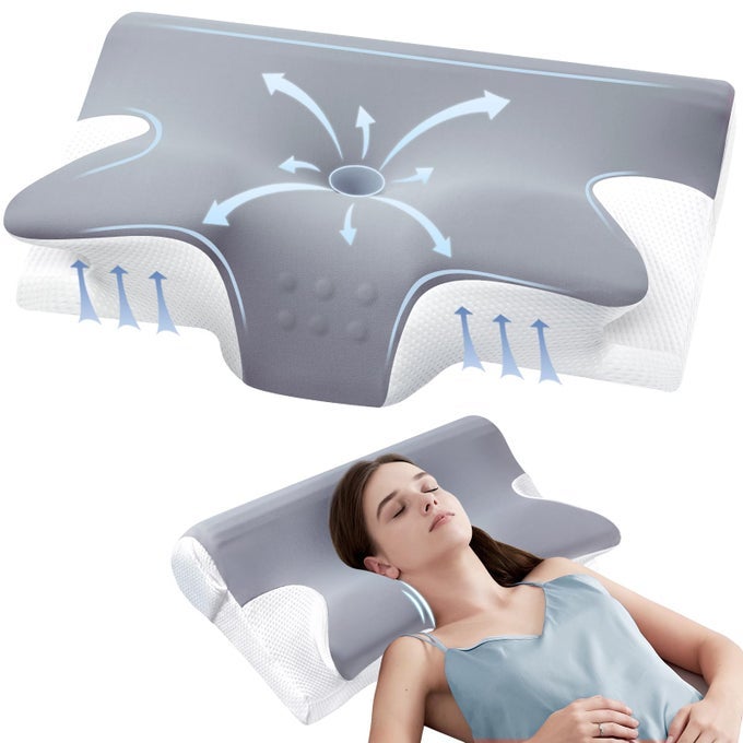 EFFECTIVE PAIN RELIEF CERVICAL NECK PILLOW FOR SLEEPING MEMORY FOAM PILLOWS FOR NECK SUPPORT ODORLESS CONTOUR SIDE PILLOW ERGONOMIC BED PILLOW FOR BACK STOMACH SLEEPER GREY AND WHITE