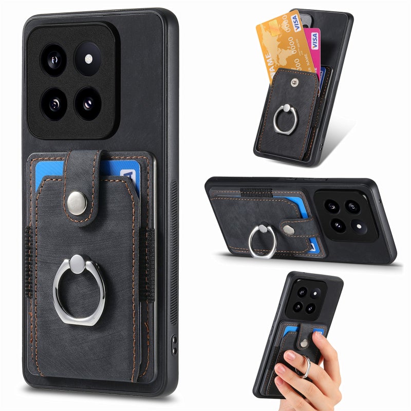 HuHa Case Cover For Xiaomi 14 Pro Retro Skin-feel Ring Card Wallet Phone Case(Black) - Image 1