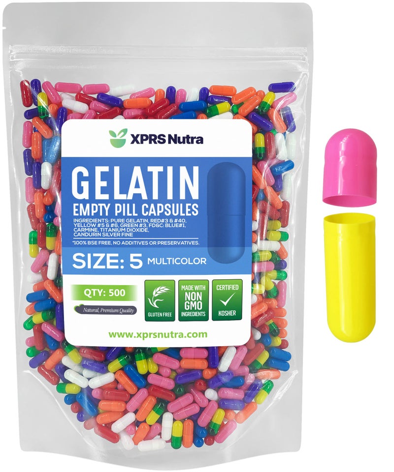 XPRS Nutra Size 5 Empty Capsules 500 Count Very Small Empty Gelatin Capsules Pills DIY Capsule Filling Fillable Pill Gel Caps for DoItYourself Vitamin Supplements Multi Color