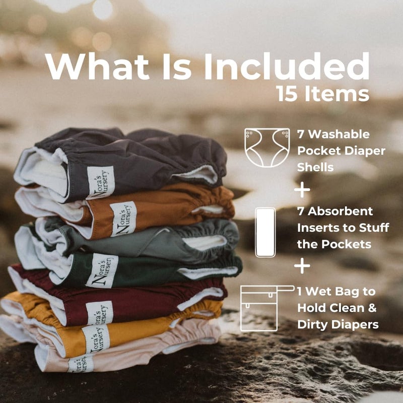 Nora's Nursery Cloth Diapers 7 Pack with 7 Inserts & 1 Wet Bag - Waterproof Cover, Washable, Reusable & One Size Adjustable Pocket Diapers for Newborns and Toddlers-Pacific Neutrals - Image 2