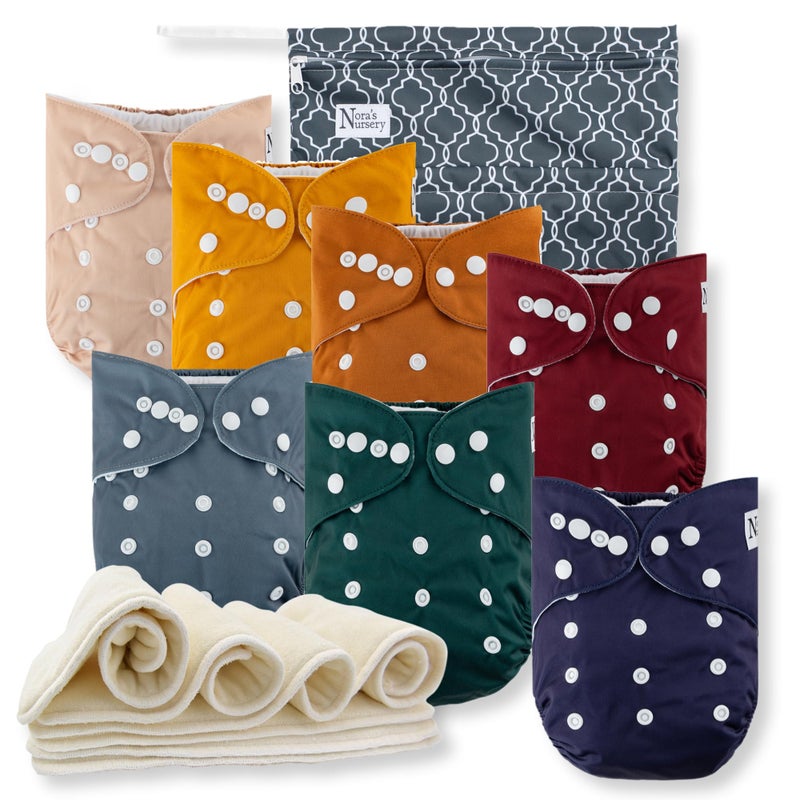 Nora's Nursery Cloth Diapers 7 Pack with 7 Inserts & 1 Wet Bag - Waterproof Cover, Washable, Reusable & One Size Adjustable Pocket Diapers for Newborns and Toddlers-Pacific Neutrals - Image 1