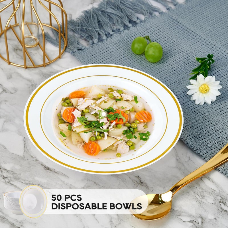 JOLLY PARTY 50PCS Plastic Bowls with Gold Rim-12oz disposable Soup Bowls, Christmas Thanksgiving Premium Dessert Salad Bowl for Wedding/Party - Image 2