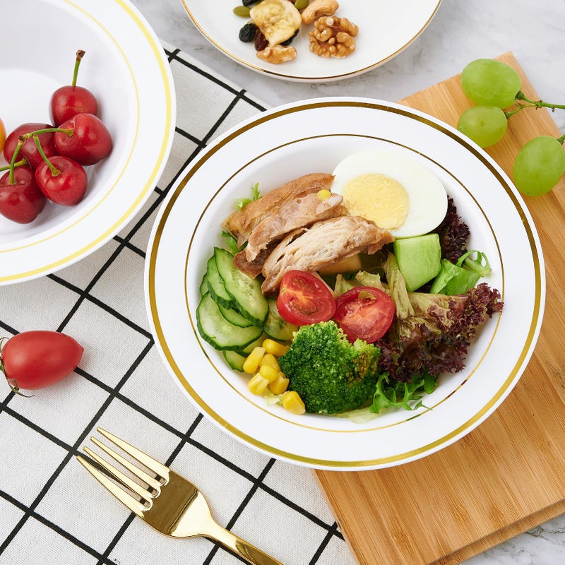 JOLLY PARTY 50PCS Plastic Bowls with Gold Rim-12oz disposable Soup Bowls, Christmas Thanksgiving Premium Dessert Salad Bowl for Wedding/Party - Image 4