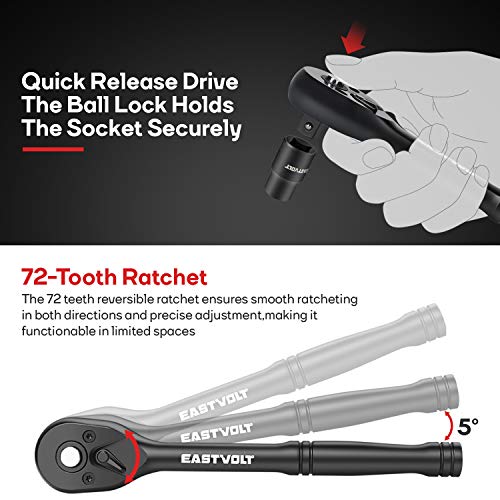 Eastvolt 46 Pieces Drive Socket Ratchet Wrench Set, Mechanic Tool Kits with 72 Teeth Reversible Ratchet, Extension Bar Set and Storage Case, Metric/SAE - Image 4