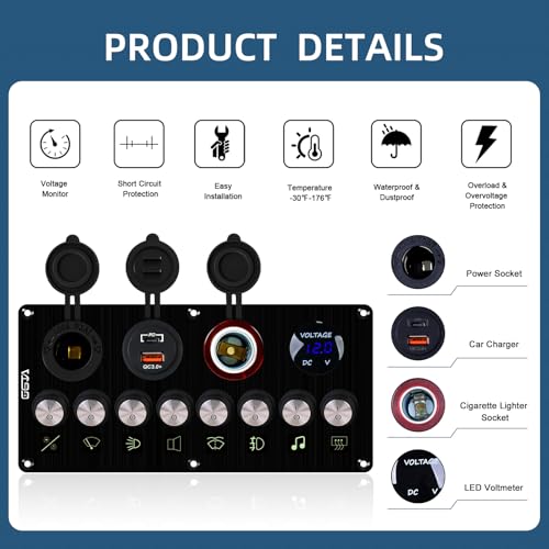 GGTA 8 Gang Boat Switch Panel WaterproofMarine Rocker Switch Panel with Charger PDQC30Voltage Meter with Fuse12V24V Button Switch Panel for carTrucks Boats - Image 3