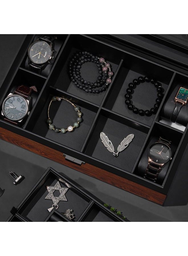 BEWISHOME Jewelry Box for Men, Mens Jewelry Box with Glass Top, Wooden Watch Box Organizer with Smooth Faux Leather Interior, Jewelry Display Case for Earrings Rings Bracelets Watches, Brown SSH07Y - Image 5