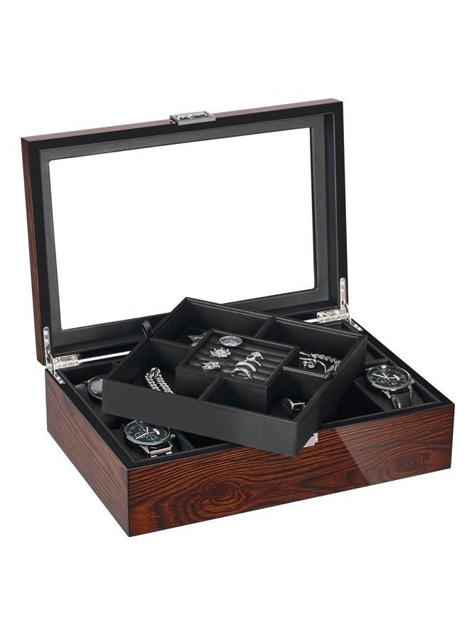 BEWISHOME Jewelry Box for Men, Mens Jewelry Box with Glass Top, Wooden Watch Box Organizer with Smooth Faux Leather Interior, Jewelry Display Case for Earrings Rings Bracelets Watches, Brown SSH07Y - Image 1