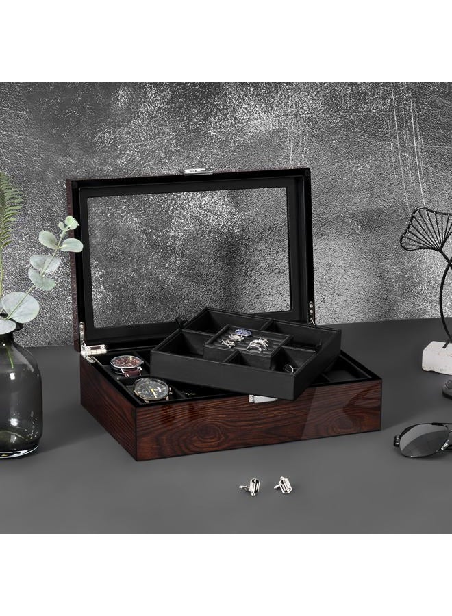 BEWISHOME Jewelry Box for Men, Mens Jewelry Box with Glass Top, Wooden Watch Box Organizer with Smooth Faux Leather Interior, Jewelry Display Case for Earrings Rings Bracelets Watches, Brown SSH07Y - Image 2