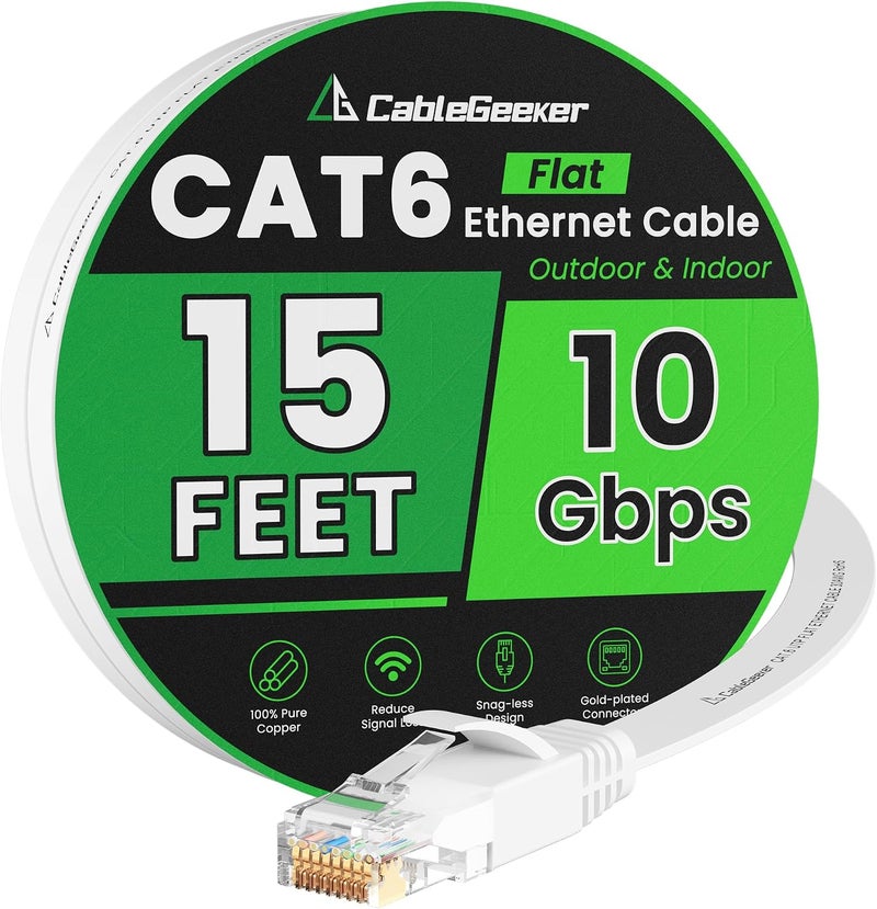 CableGeeker Cat 6 Ethernet Cable 15ft (at a Cat5e Price but Higher Bandwidth) Flat 10Gbps Internet Network Cable - Cat6 Ethernet Patch Cable Short - Cat6 Computer Cable with Snagless RJ45 Connectors - White - Image 1