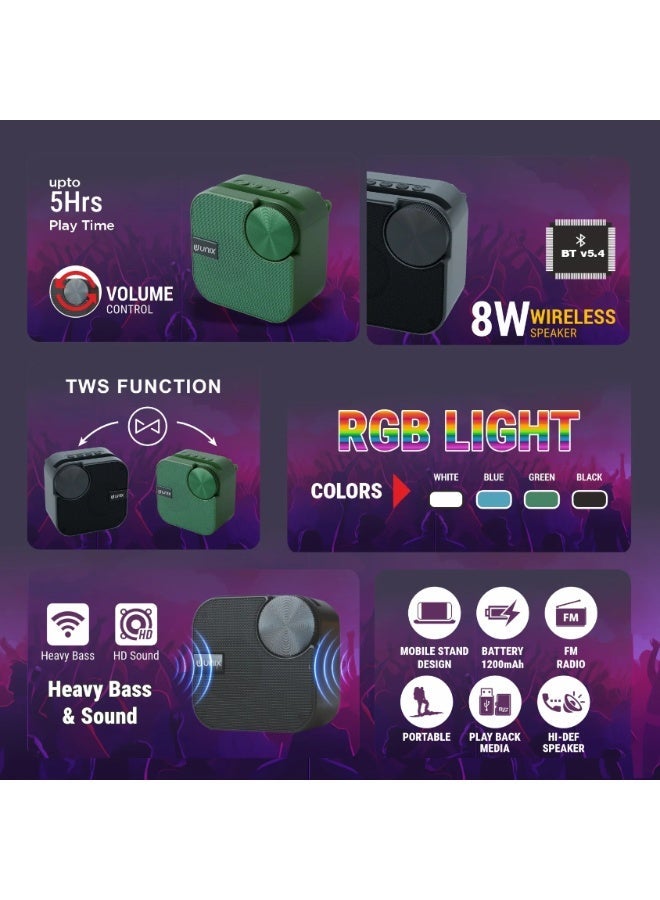 يونيكس مكبر صوت لاسلكي يونكس GEO 8W | إضاءة RGB | اقتران ستيريو TWS | راديو FM | دعم USB وبطاقة TF | شحن Type-C | أخضر - Image 2