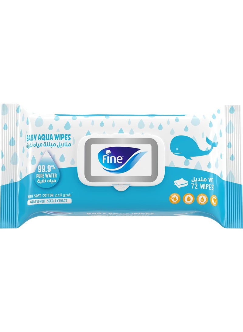 Fine Baby Aqua Wipes, 99.9% Pure Water with Soft Cotton, 72 Wipes - Gentle for Sensitive Skin, Newborn Safe - Image 1