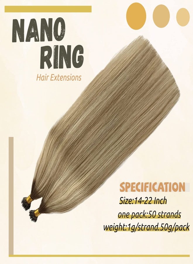 Smavida Highlights Nano Bead Hair Extensions Human Hair,18 Inch Colored #8/18/60 Brown to Ash Brown with Platinum Blonde 100% Natural Human Hair Extensions Nano Ring Remy Hair Extensions 50G/50S - Image 2