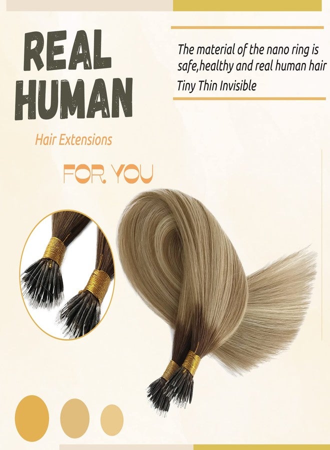 Smavida Highlights Nano Bead Hair Extensions Human Hair,18 Inch Colored #8/18/60 Brown to Ash Brown with Platinum Blonde 100% Natural Human Hair Extensions Nano Ring Remy Hair Extensions 50G/50S - Image 5