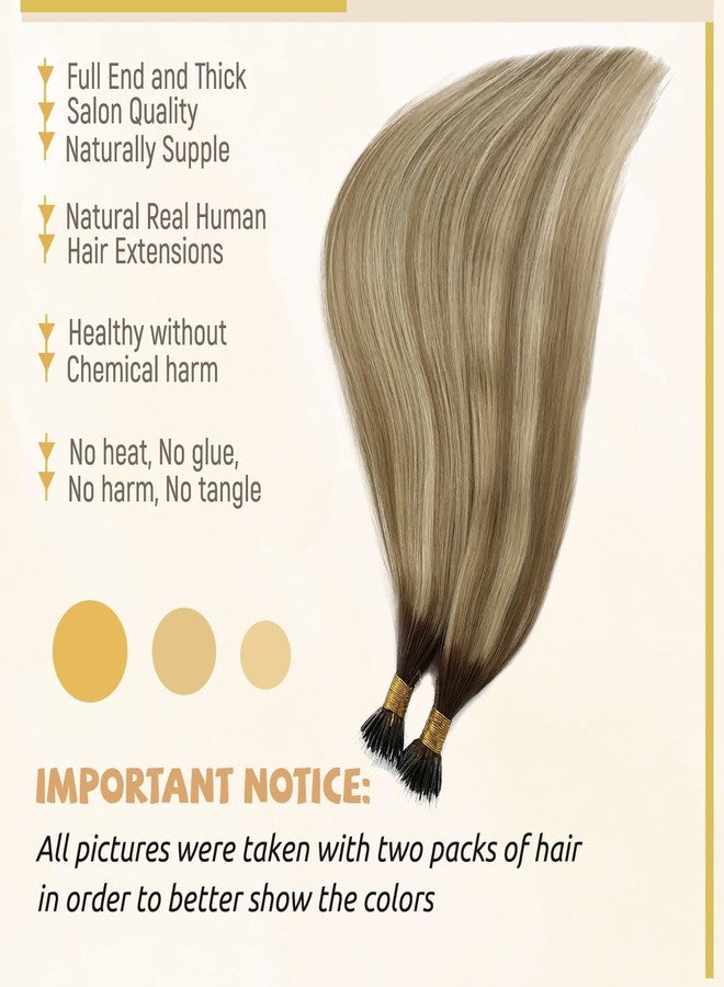 Smavida Highlights Nano Bead Hair Extensions Human Hair,18 Inch Colored #8/18/60 Brown to Ash Brown with Platinum Blonde 100% Natural Human Hair Extensions Nano Ring Remy Hair Extensions 50G/50S - Image 3