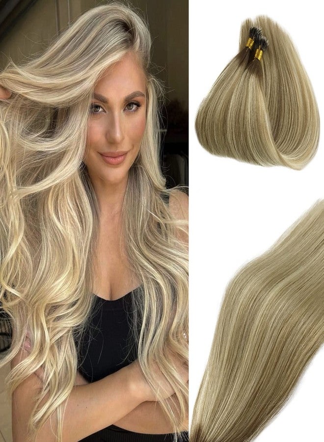 Smavida Highlights Nano Bead Hair Extensions Human Hair,18 Inch Colored #8/18/60 Brown to Ash Brown with Platinum Blonde 100% Natural Human Hair Extensions Nano Ring Remy Hair Extensions 50G/50S - Image 1