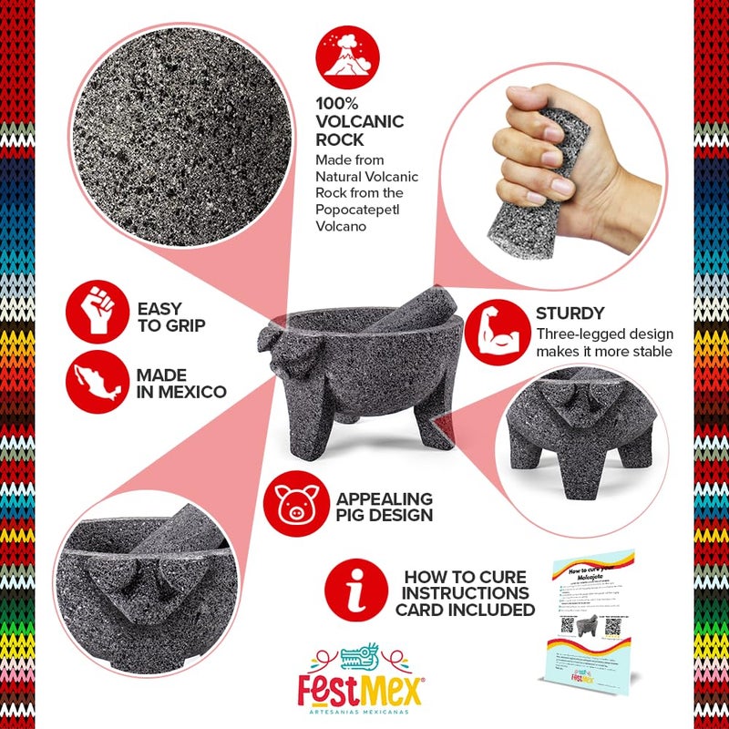 FESTMEX Genuine Handmade Mexican Mortar and Pestle, Piedra Natural Volcanica Stone, Heavy & Durable, Perfect for Homemade Salsas, Guacamole, and Other Molcajete Plates | Made in Mexico (8 Inches Pig Design) - Image 3