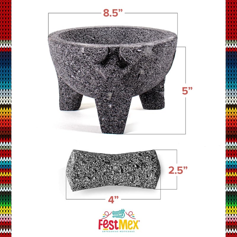 FESTMEX Genuine Handmade Mexican Mortar and Pestle, Piedra Natural Volcanica Stone, Heavy & Durable, Perfect for Homemade Salsas, Guacamole, and Other Molcajete Plates | Made in Mexico (8 Inches Pig Design) - Image 2