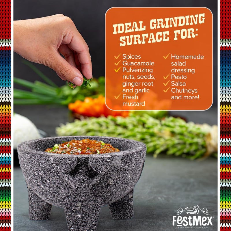 FESTMEX Genuine Handmade Mexican Mortar and Pestle, Piedra Natural Volcanica Stone, Heavy & Durable, Perfect for Homemade Salsas, Guacamole, and Other Molcajete Plates | Made in Mexico (8 Inches Pig Design) - Image 5