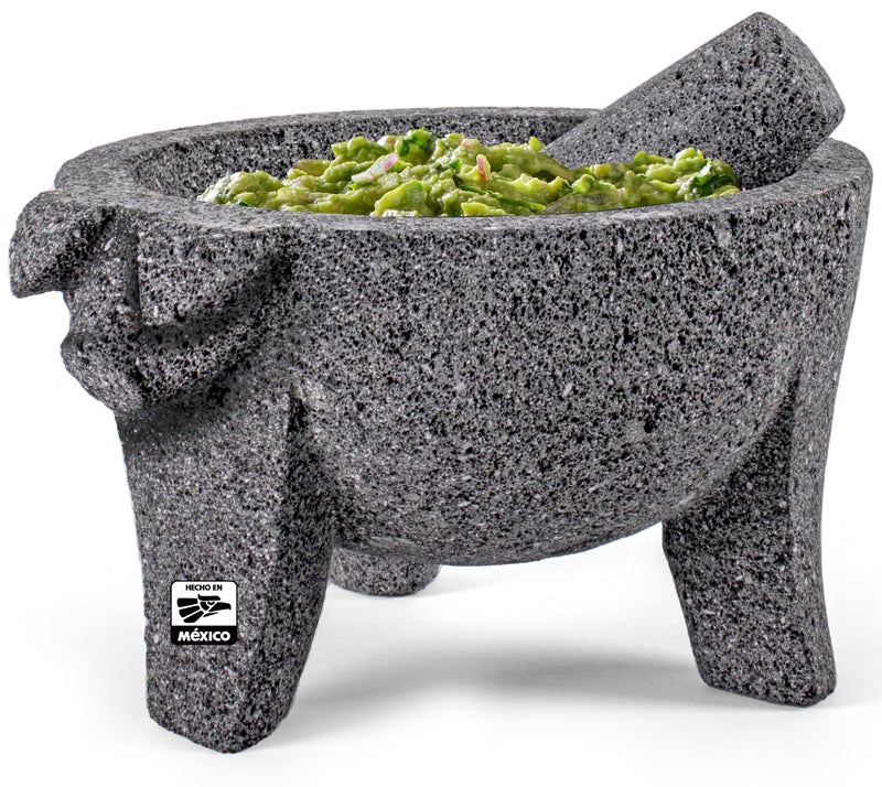 FESTMEX Genuine Handmade Mexican Mortar and Pestle, Piedra Natural Volcanica Stone, Heavy & Durable, Perfect for Homemade Salsas, Guacamole, and Other Molcajete Plates | Made in Mexico (8 Inches Pig Design) - Image 1