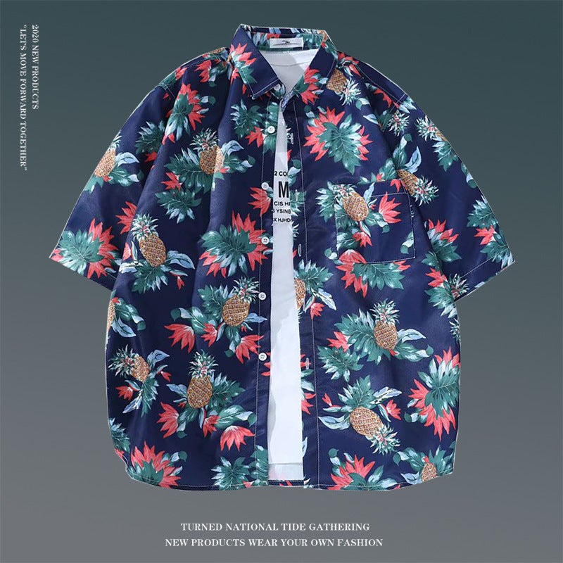 Hawaiian Floral Shirt Men Retro Casual Loose Trendy Beach Vacation Short Sleeve Navy blue 8966