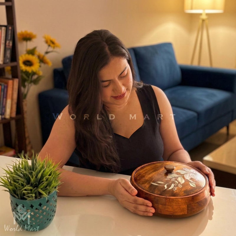 World Mart® Handcrafted Mango Wood Roti Box With Lid Brown Food-Safe Finish with Floral Printed Lid Not Thermoware For Chapati Server Kitchen And Dining | Casserole |25x8 CM (Glory Flower) - Image 3