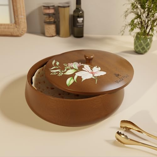 World Mart® Handcrafted Mango Wood Roti Box With Lid Brown Food-Safe Finish with Floral Printed Lid Not Thermoware For Chapati Server Kitchen And Dining | Casserole |25x8 CM (Glory Flower) - Image 1