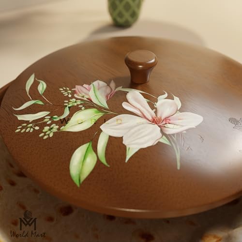 World Mart® Handcrafted Mango Wood Roti Box With Lid Brown Food-Safe Finish with Floral Printed Lid Not Thermoware For Chapati Server Kitchen And Dining | Casserole |25x8 CM (Glory Flower) - Image 4
