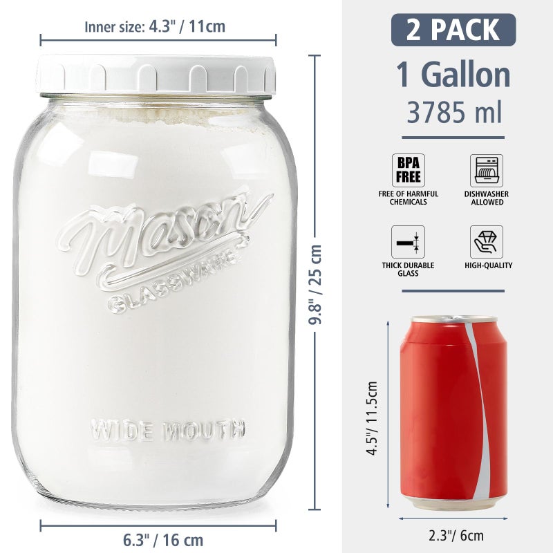 Folinstall 2 Pack 1 Gallon Glass Jar with Lid, Wide Mouth Mason Jars, Large Glass Flour Storage Containers with Airtight Lids, Candy Jar Safe for Cookie, Kombucha, Pickle, Sugar - Image 2