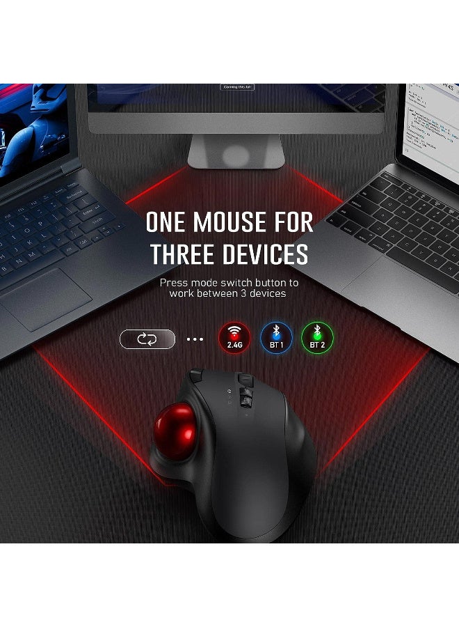 VssoPlor Wireless Trackball Mouse - 2.4G USB + Dual Bluetooth Rollerball Mouse, Easy Thumb Control, Rechargeable Ergonomic Mouse Trackball for Mac, Laptop, PC, iPad, Windows, Android, iOS (Black) - Image 2