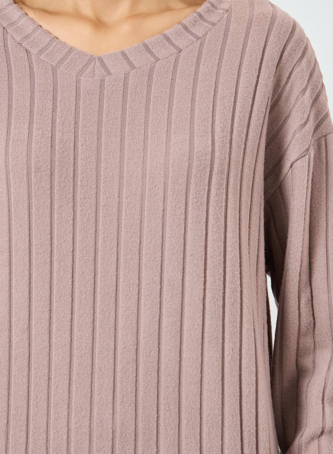 Styli Pink Long Sleeve Ribbed Top and Pyjama Set - Image 4