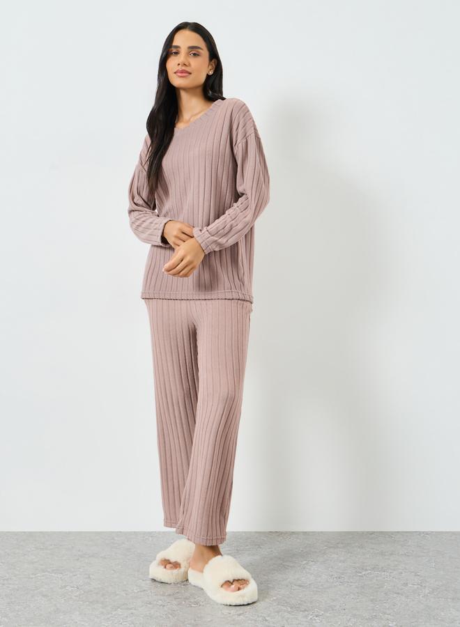 Styli Pink Long Sleeve Ribbed Top and Pyjama Set - Image 3