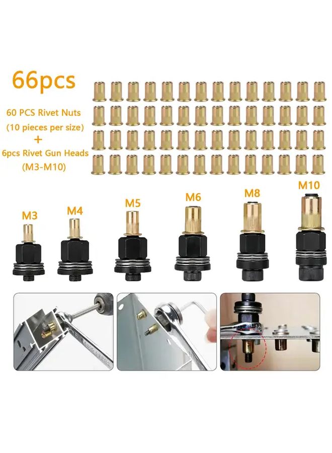 66Pcs Heavy Duty Manual Rivet Tool Set With M3 M10 Rivet Gun Heads And Nuts All In One Hardware Kit For Automotive Industrial Metal Welding Construction Includes Easy Rivet Drilling Adapter Ideal For Diy Projects Machinery Assembly And Metalworking - Image 1