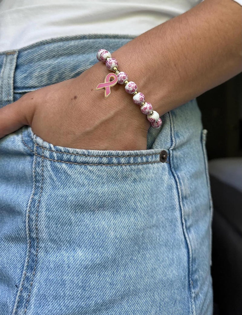 Agromusk Breast Cancer Bracelets Beads Ribbon Charm Bracelet for Women Pink and White Flower Vintage Breast Awareness Accessories Stretch Bracelet Handmade Cancer Care Survivor Gift for Her(Pink) - Image 2