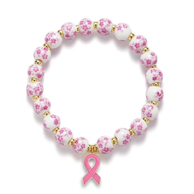 Agromusk Breast Cancer Bracelets Beads Ribbon Charm Bracelet for Women Pink and White Flower Vintage Breast Awareness Accessories Stretch Bracelet Handmade Cancer Care Survivor Gift for Her(Pink) - Image 1