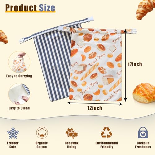 kanuoc 2 Pack Beeswax Bread Bags for Homemade Bread, Sourdough, Reusable Bread Bag XL Eco-Friendly Fresh Food Storage with Buckle & Zipper, Moisture Lock, Keeps Bakes Fresh Longer - Image 3