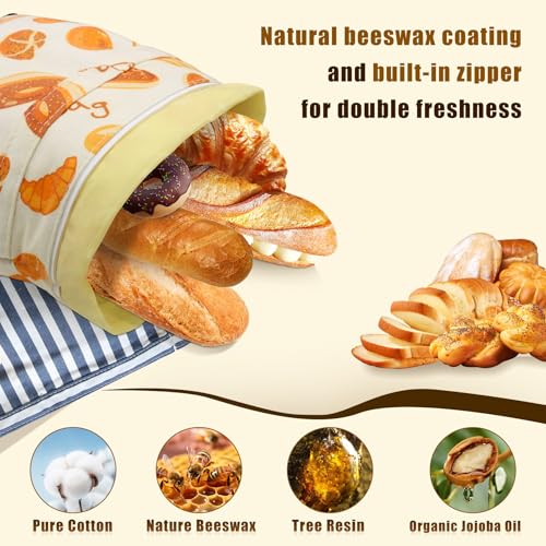 kanuoc 2 Pack Beeswax Bread Bags for Homemade Bread, Sourdough, Reusable Bread Bag XL Eco-Friendly Fresh Food Storage with Buckle & Zipper, Moisture Lock, Keeps Bakes Fresh Longer - Image 2