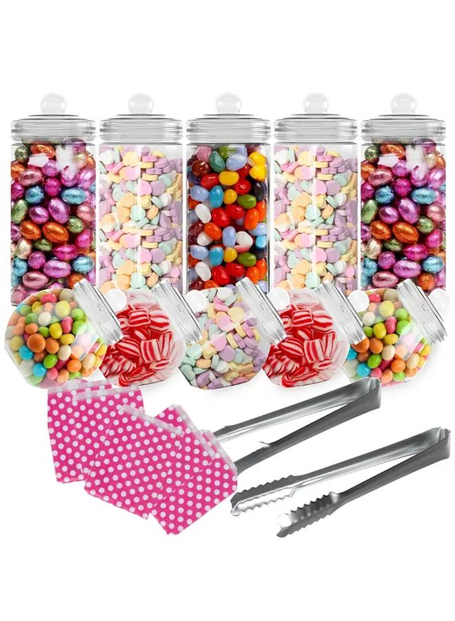 10Set Plastic Jars With Lids Candy Biscuit Container Buffet For Parties With 2 Tongs And 25 Pink Candy Strips Suitable For Weddings Birthday Halloween Christmas Decorations Kitchen Accessory - Image 1