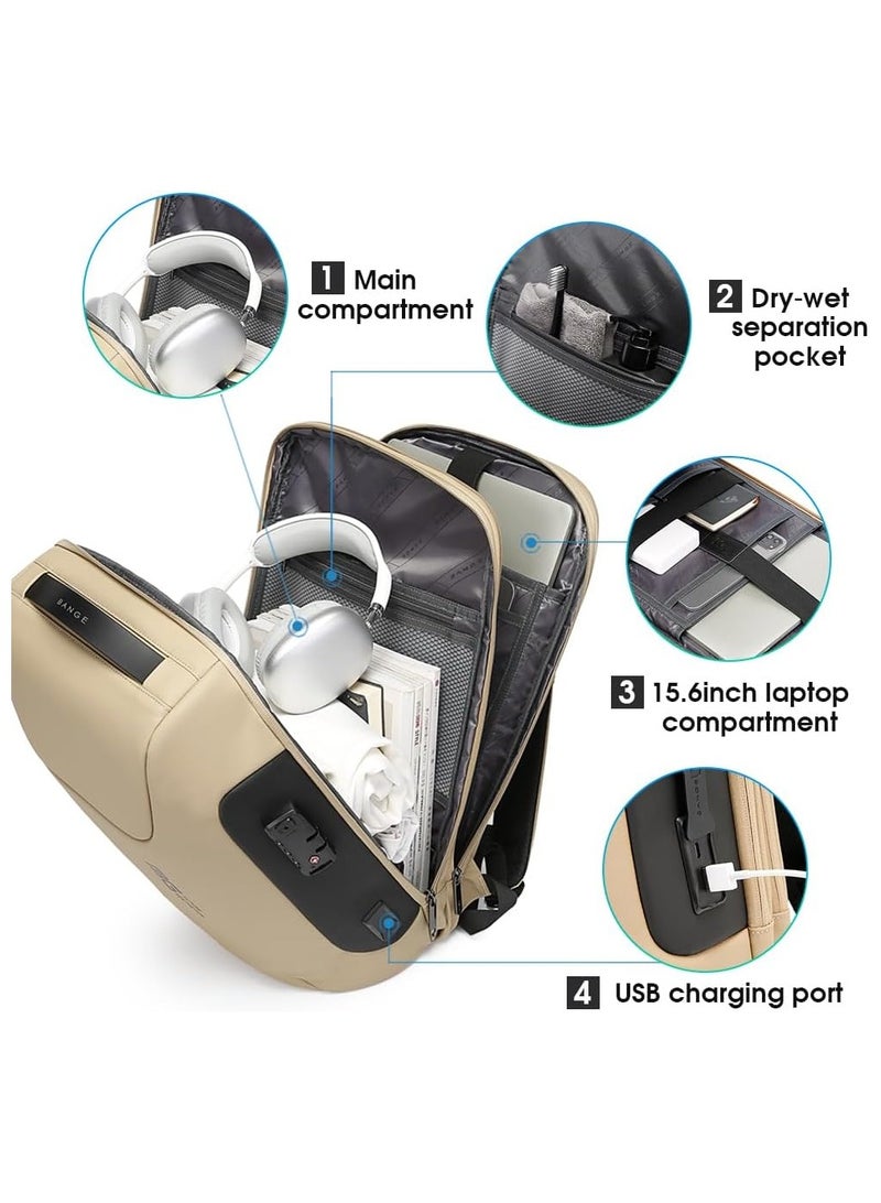 BANGE BANGE Anti Theft Backpack with USB charging Port,Lightweight Business Backpack for Men and Women   Brown(two pocket for work)  - Image 2