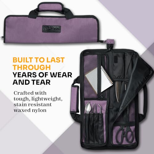 Asaya Chef Knife Roll Bag - 12 Pockets for Knives and Kitchen Utensils - Lightweight, Durable, and Stain Resistant Nylon - Perfect for the Traveling Chef - Knives not Included (Purple) - Image 2