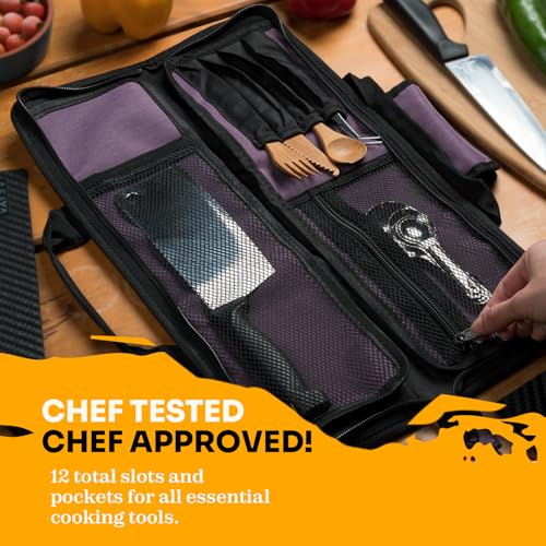 Asaya Chef Knife Roll Bag - 12 Pockets for Knives and Kitchen Utensils - Lightweight, Durable, and Stain Resistant Nylon - Perfect for the Traveling Chef - Knives not Included (Purple) - Image 4