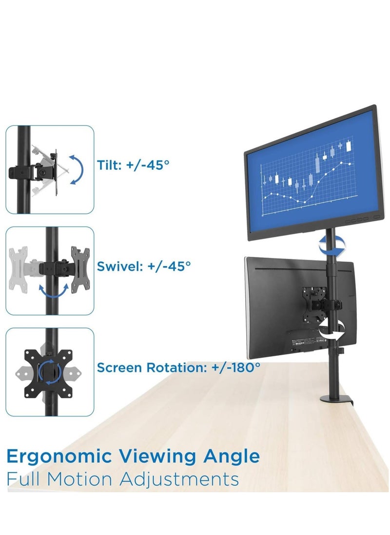 ELTRAZONE - Vertical Dual Monitor Mount | Stacked Monitor Desk Stand | Fits 19 to 32 Inch Screens | C-Clamp & Grommet Bases | Adjustable Height - Image 1