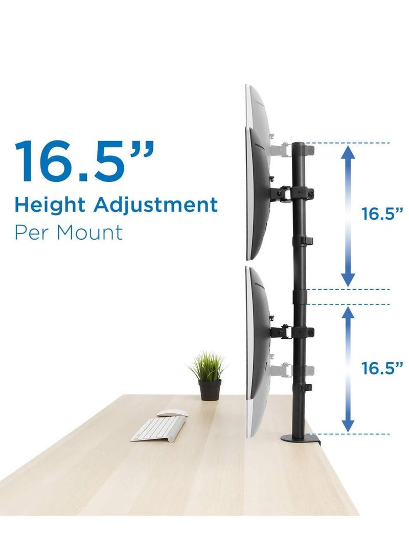 ELTRAZONE - Vertical Dual Monitor Mount | Stacked Monitor Desk Stand | Fits 19 to 32 Inch Screens | C-Clamp & Grommet Bases | Adjustable Height - Image 1