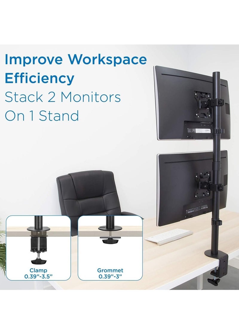ELTRAZONE - Vertical Dual Monitor Mount | Stacked Monitor Desk Stand | Fits 19 to 32 Inch Screens | C-Clamp & Grommet Bases | Adjustable Height - Image 1