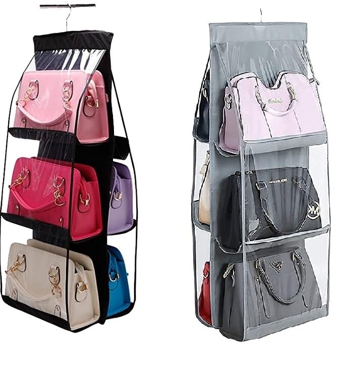 Everbuy 6 Pockets Compartments Handbags Storage Organiser for ladies Handbags Purse Wardrobe Women Foldable NonWoven 90 X 35 35cm Grey BlackGrey - Image 2