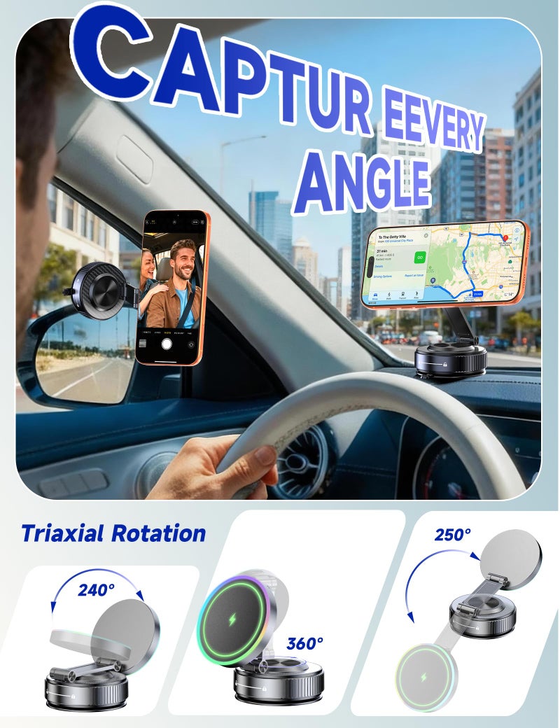 visnfa for Magsafe Car Mount Charger, 15W Faster Charging Wireless Car Charger [105+LBS Suction & 3800gf Magnetic] 360Â° Adjustable, Magnetic Phone Holders for Your Car for iPhone & Android - Image 4