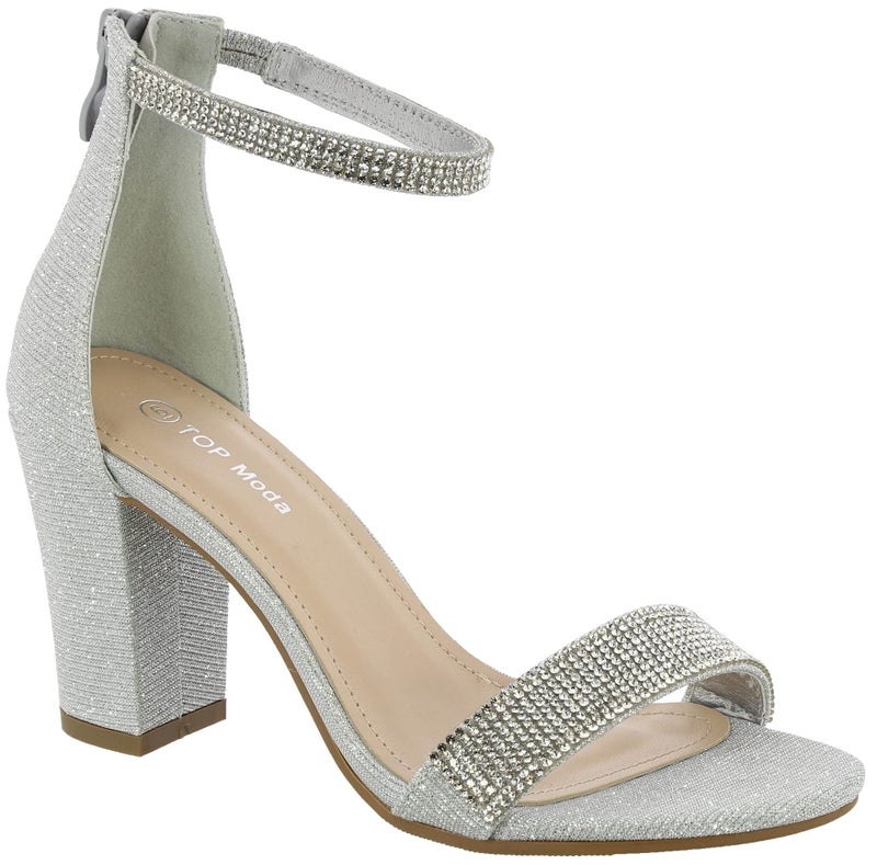 TOP Moda Gallery-45 Ankle Strap Dressy High Heel Sandal, Non-slip Sole, For Wedding, Party, Prom, Evening Wear, or Any Occasion, Sleek Style Block Heel Sandals, Silver Glitter, 8 - Image 1